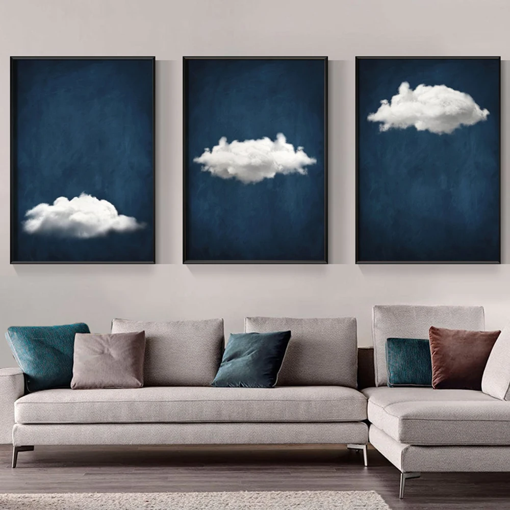 

Minimalist White Clouds Canvas Painting Wall Art Modern Dark Blue Sky And Cloud Poster Prints For Living Room Home Decor