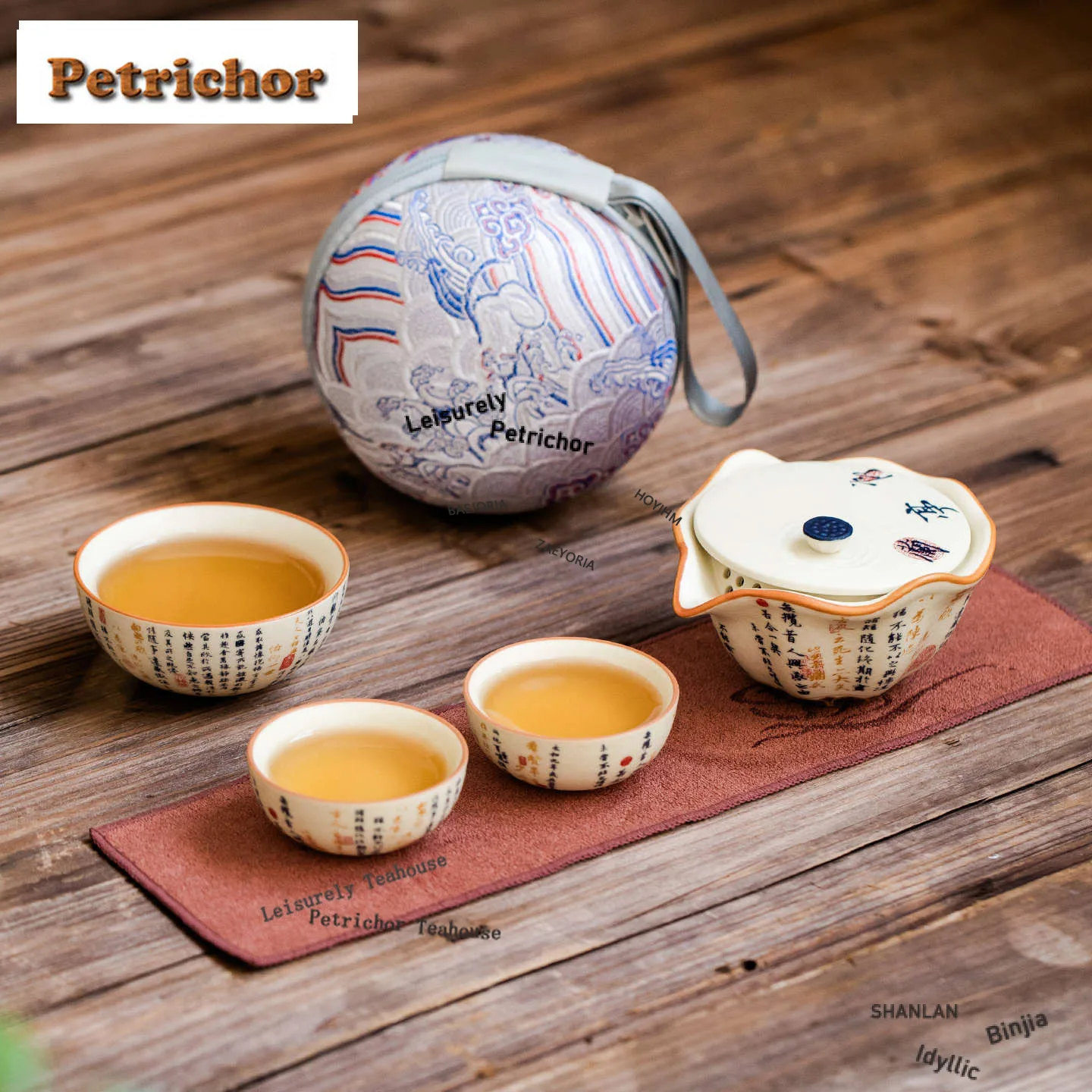 HOYIHM Handwritten Poems Travel Tea Set Kit Luxury Set Of Cups 1 Pot 3 Cups Tea Making Organizer Portable Picnic Stock Bags
