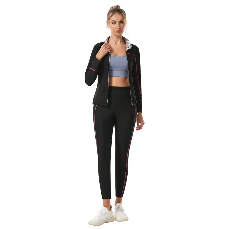 2pcs Women Sweat Sauna Suit Set Full Zip Fitness Sauna Jacket and Leggings Heat Up Workouts Yoga Set
