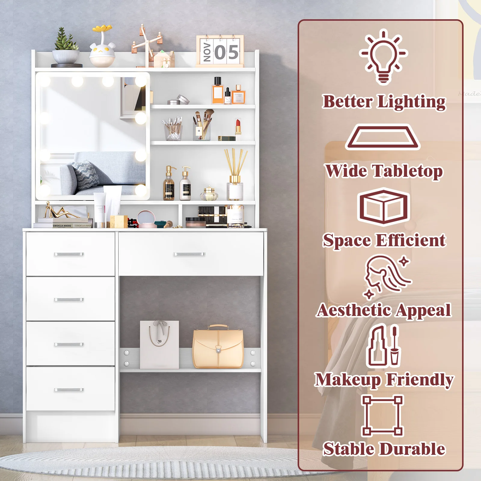 White Vanity Dressing Table with 10 LED Lighted Makeup Mirror, 5 Drawers Makeup Desk with Storage for Bedroom