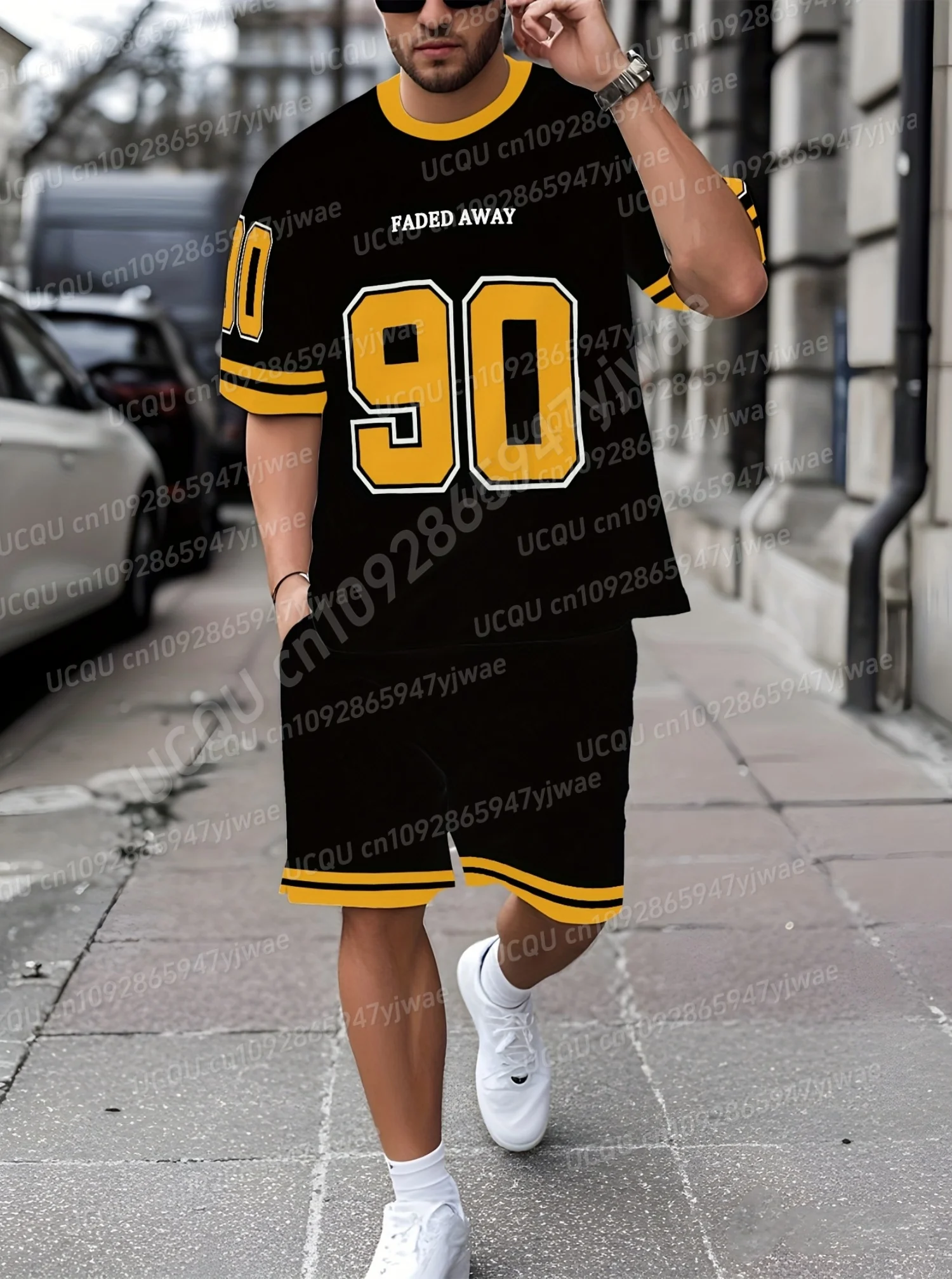 

American faded away NO.90 Print Plus Size Sport T-Shirt+Shorts SetGym Jogging Luxury Tracksuit Outfit 2 Piece Set Men Clothes