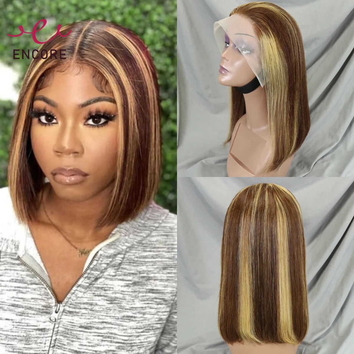 

16Inch Highlight Ombre 200% Density Straight Bob Wig Transparent 13x4 Lace Frontal Wigs Brazilian Remy Human Hair Wigs for Women