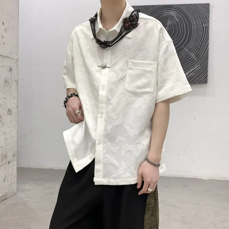 

New Chinese Style Summer Men's Shirt Metal Buckle Short Sleeve Retro Embroidery White Shirt Collar Registration Photo Clothes