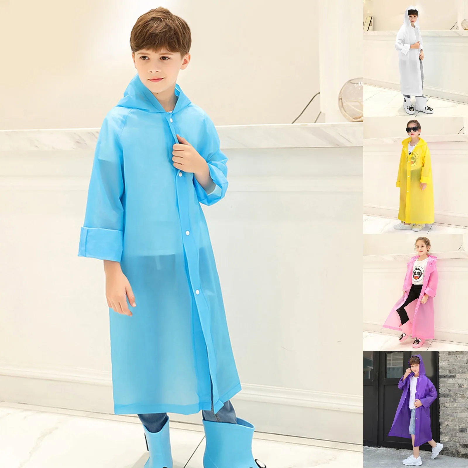 Impermeável monocromático infantil e terno de chuva, poncho ao ar livre, capuz estampado, tops para meninos, caminhadas, verão