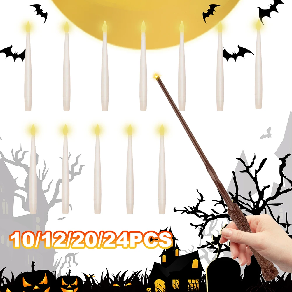 

Flickering Warm Light with Wand LED Flameless Taper Candle Handheld Candlestick Floating LED Candles Party Halloween Decor