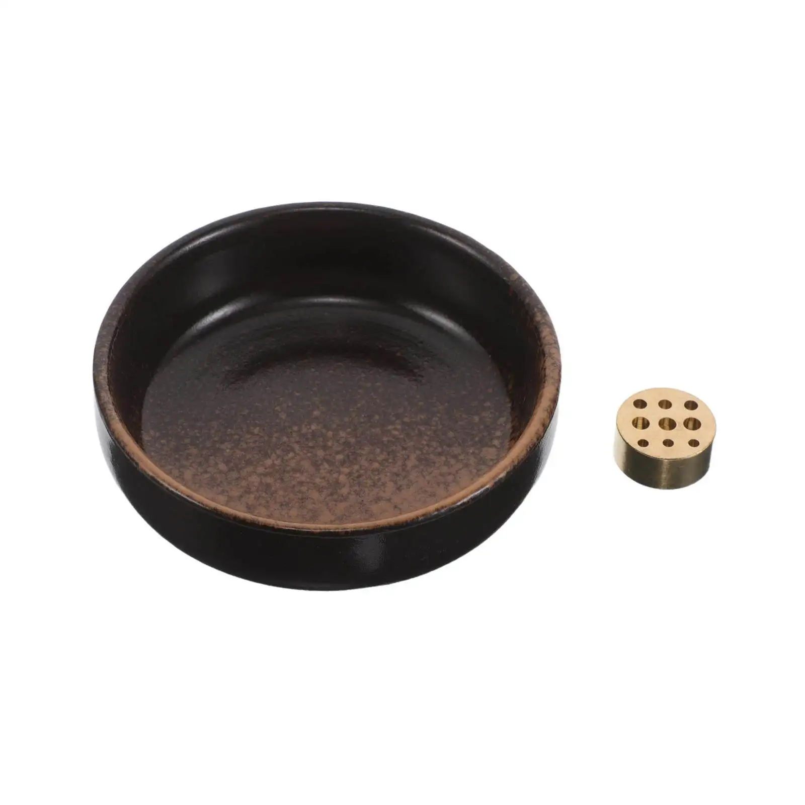 Ceramic Incense Holder Brass Burner 9-Hole Round Zen Incense Stick Holder Meditation Yoga Aromatherapy Tray Ash Catcher Spa Home