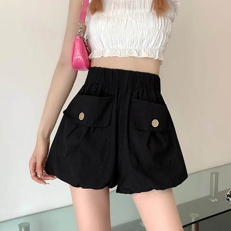 Oversized Femme Casual Pocket Solid Color Elastic Waist Bloomers Women Clothing Korean Buttons Loose Shorts Summer Trend Pleated