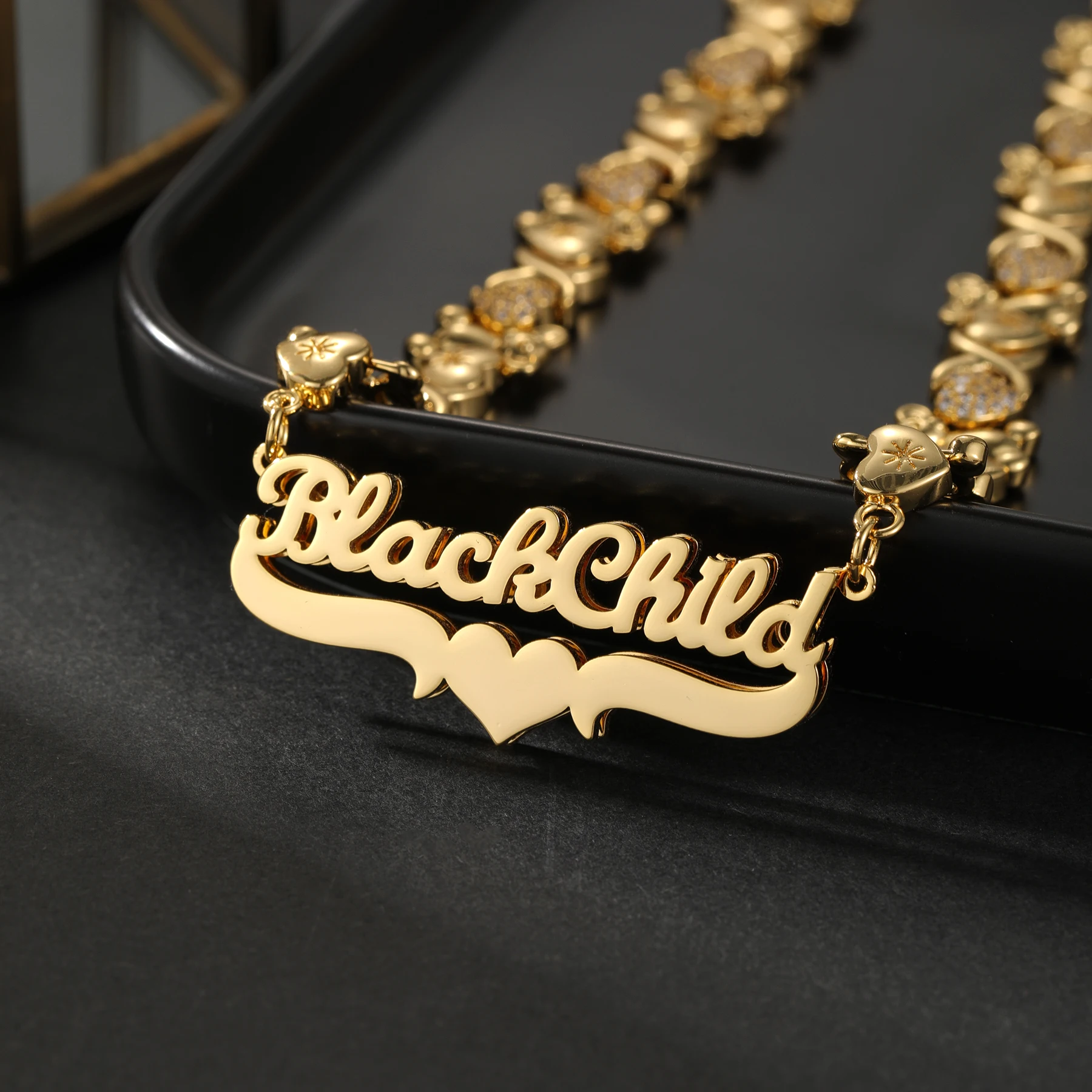 

Teddy Bear Chain XO Necklace -Personalized Name Necklace Custom 18K Gold Plated Double Nameplate Jewelry Gift for Women Teens