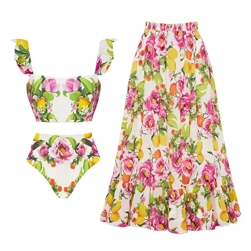 Women's Swimsuit Fly Sleeve Spring Flower Printing Bikini with Skirt