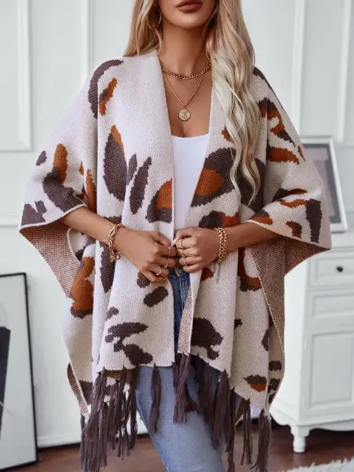

Color Blocking Leopard Print Knitted Fringe Shawl for Women In Autumn and Winter, Elegant and Loose Knitted Shawl In Plus Size