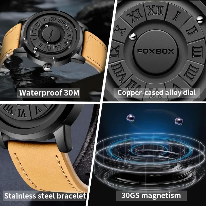 FOXBOX Watch Man Creative Scrolling Pointer Magnetic Force Quartz Wristwatch Genuine Leather Mens Watches Relogio Masculino+Box