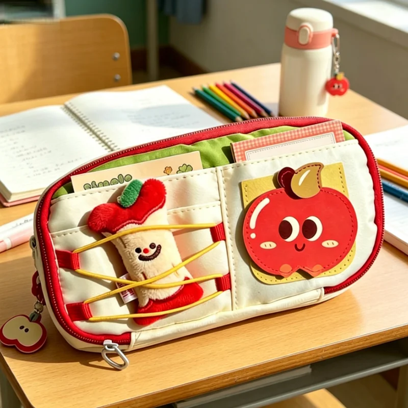 Cute Apple Print Pencil Case, Plush Decor  Stationery Organizer