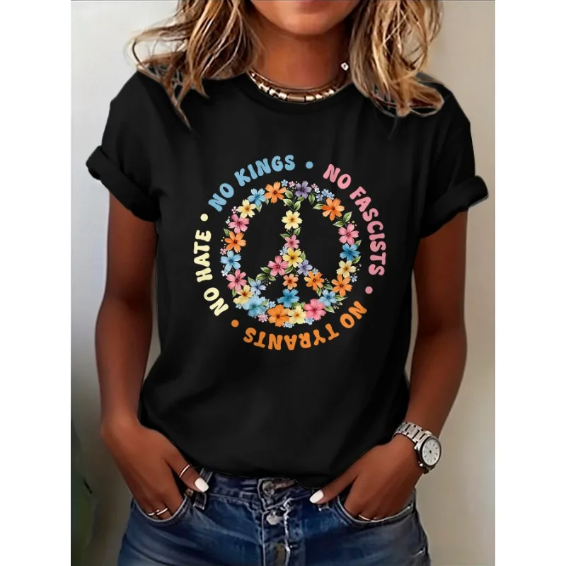 Women's No Kings No Fascists Print T-Shirts Retro Casual Round Neck Short Sleeve Tees