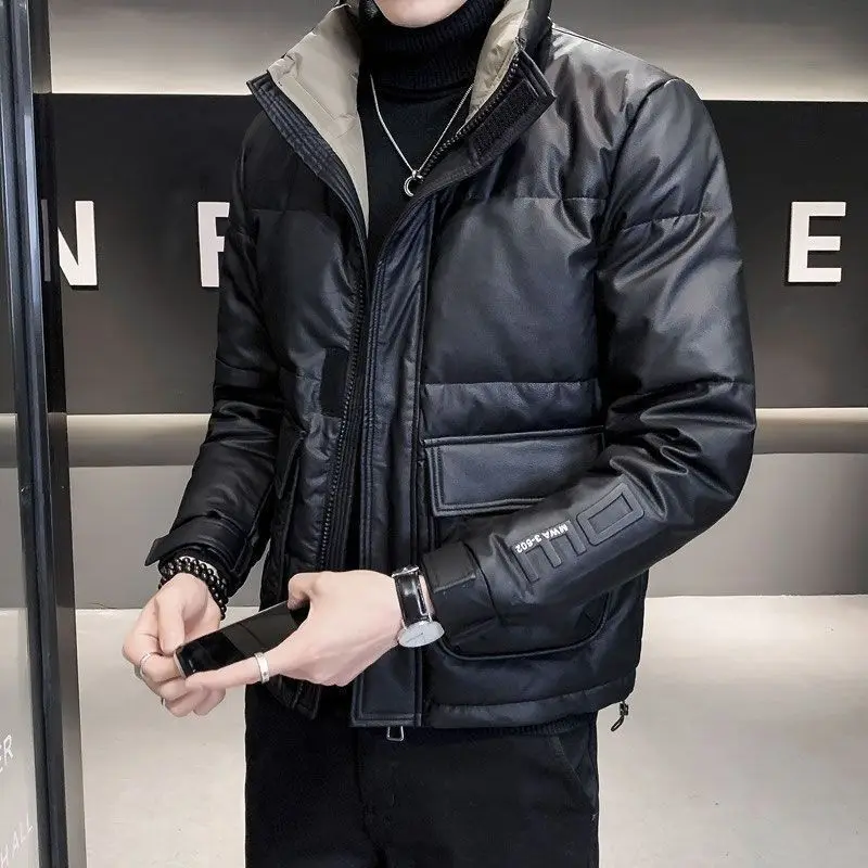 Winter Down Jackets Men PU Leather Jacket Bomber Coat Men Windproof Waterproof Motorcycle Jacket Winter Men Clothing Outerwears