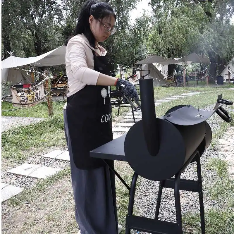 Deluxe Outdoor Bias Smoker Double Barrel Granular Charcoal Oven Grill with Trolley Wheels Steel Material Premium Style
