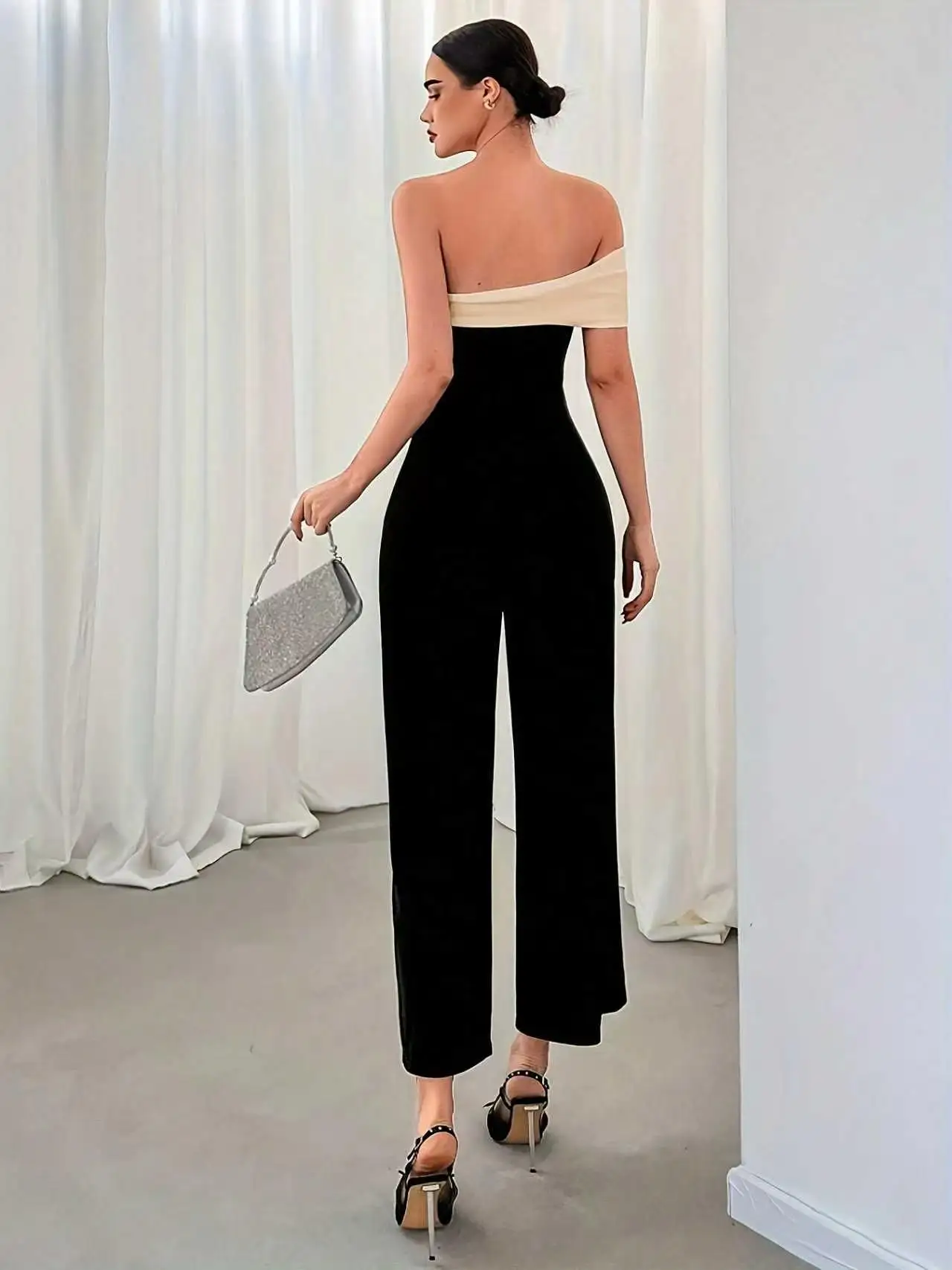 Women Black And Pink Contrast Off Shoulder Jumpsuit, Elegant Wide Leg One Shoulder Long Jumpsuit For Party Cocktail