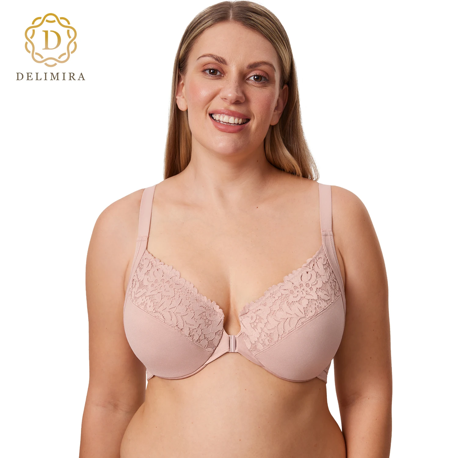 DELIMIRA Women's Front Closure Bras Posture Plus Size Full Coverage Lace Underwire Unlined Bra B C D DD E F