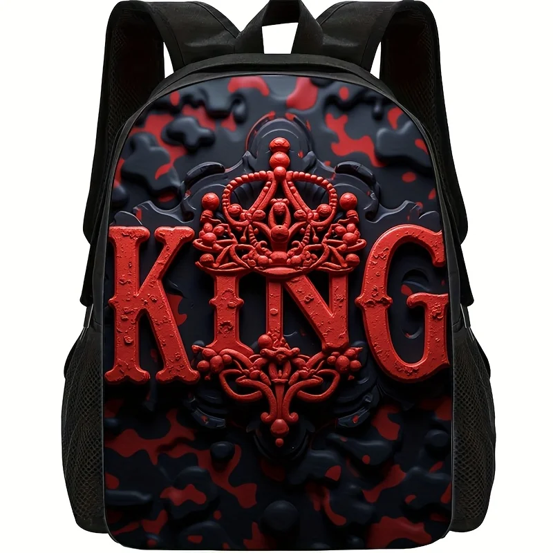 

1 summer printed men's backpack - "KING" design, bright red and black blocks contrast colors, cool and practical