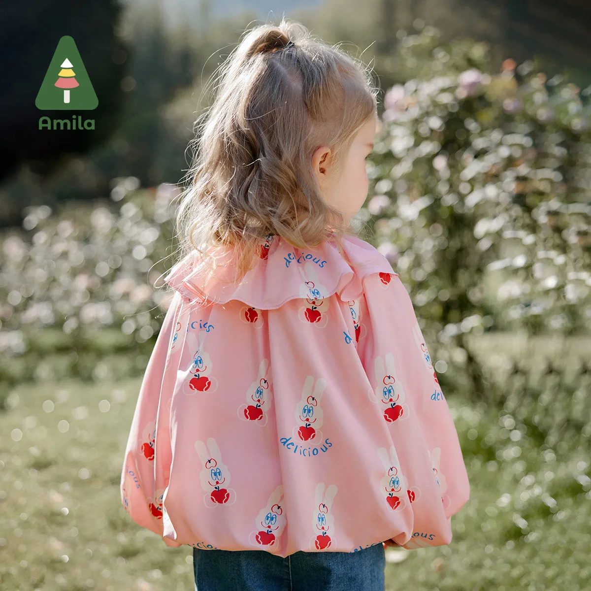 Amila 2024 Spring New Girls Lapel Loose Coat Lotus Collar With Lantern Sleeve Sweet Cute Printed Cotton  Baby Clothing