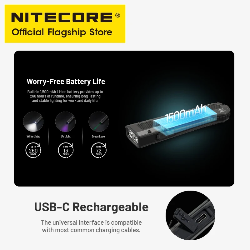 NITECORE EDC17 EDC ضوء فلاش 1350 ميجا واط ضوء الأشعة فوق البنفسجية الليزر الأخضر فئة 1 1500 التجويف USB-C ضوء الشعلة القابلة لإعادة الشحن مع بطارية ليثيوم أيون