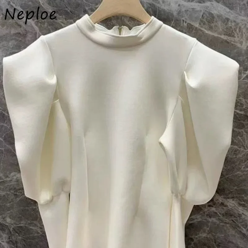 Neploe 2024 Autumn Winter Standing Collar Solid Color Hoodie Femme Sweet Gentle Slim Fit Western Style Puff Sleeve Sweatshirts