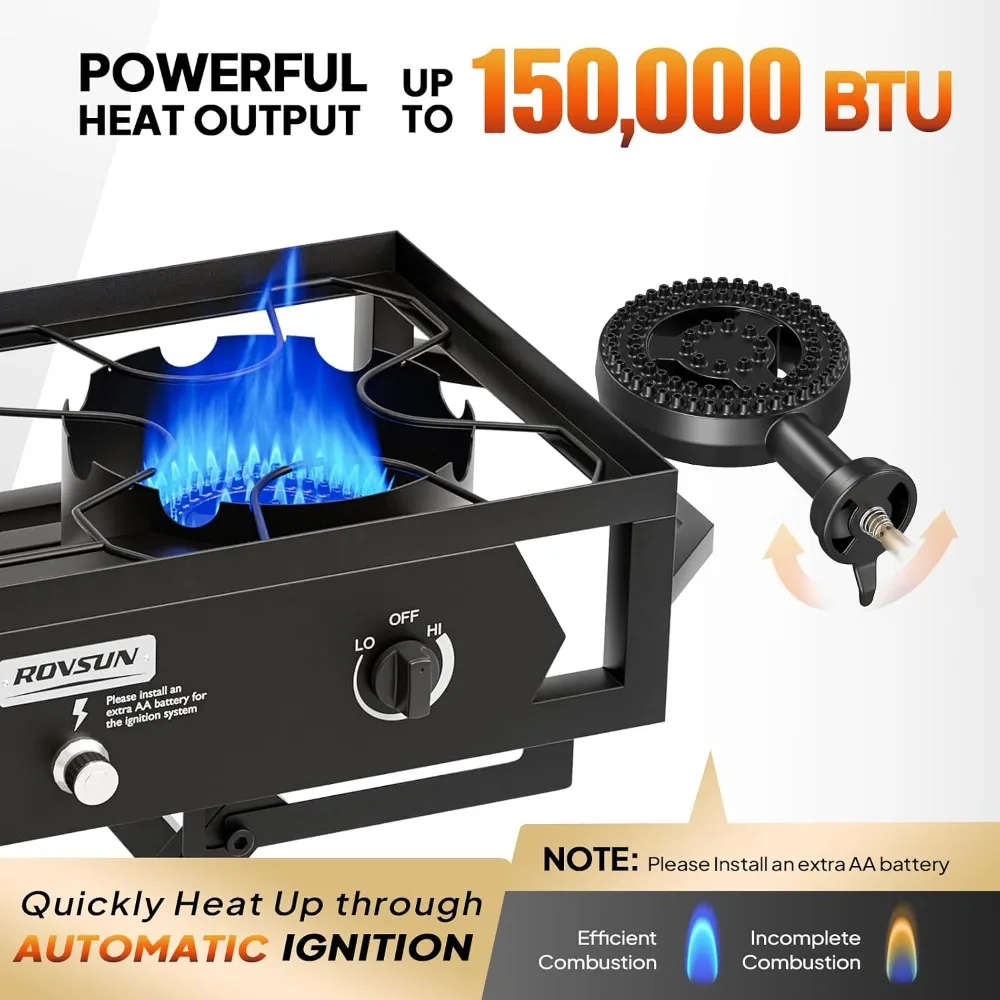 ROVSUN 2 Burner Foldable Gas Stove with Side Table, 150,000 BTU Portable Propane Stove with Ignition & Regulator for Camping