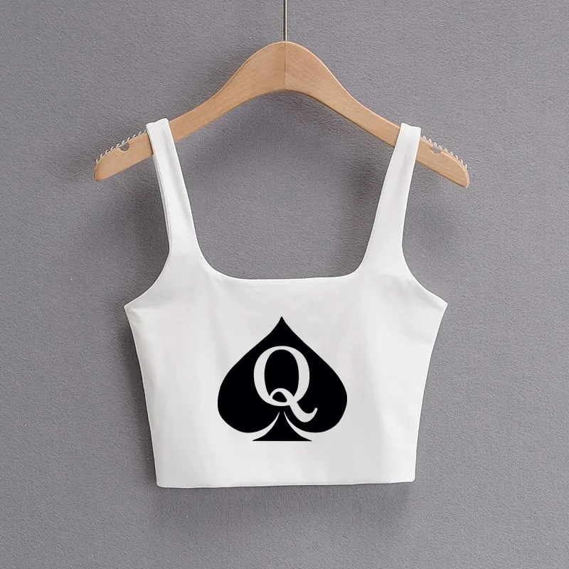 Queen of Spades Crop Tops Cute Slim Top Camis Sleeveless Hot Clothing for Women Double Ladies Good Quality Female Tops White Top