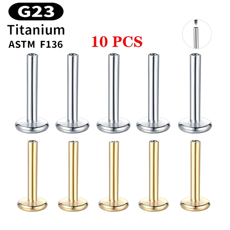 10PCS G23 Titanium Lips Labret Ear Stud Flat Back Rod Internal Thread Back Base Stud Earrings 16G Piercing Jewelry Accessories