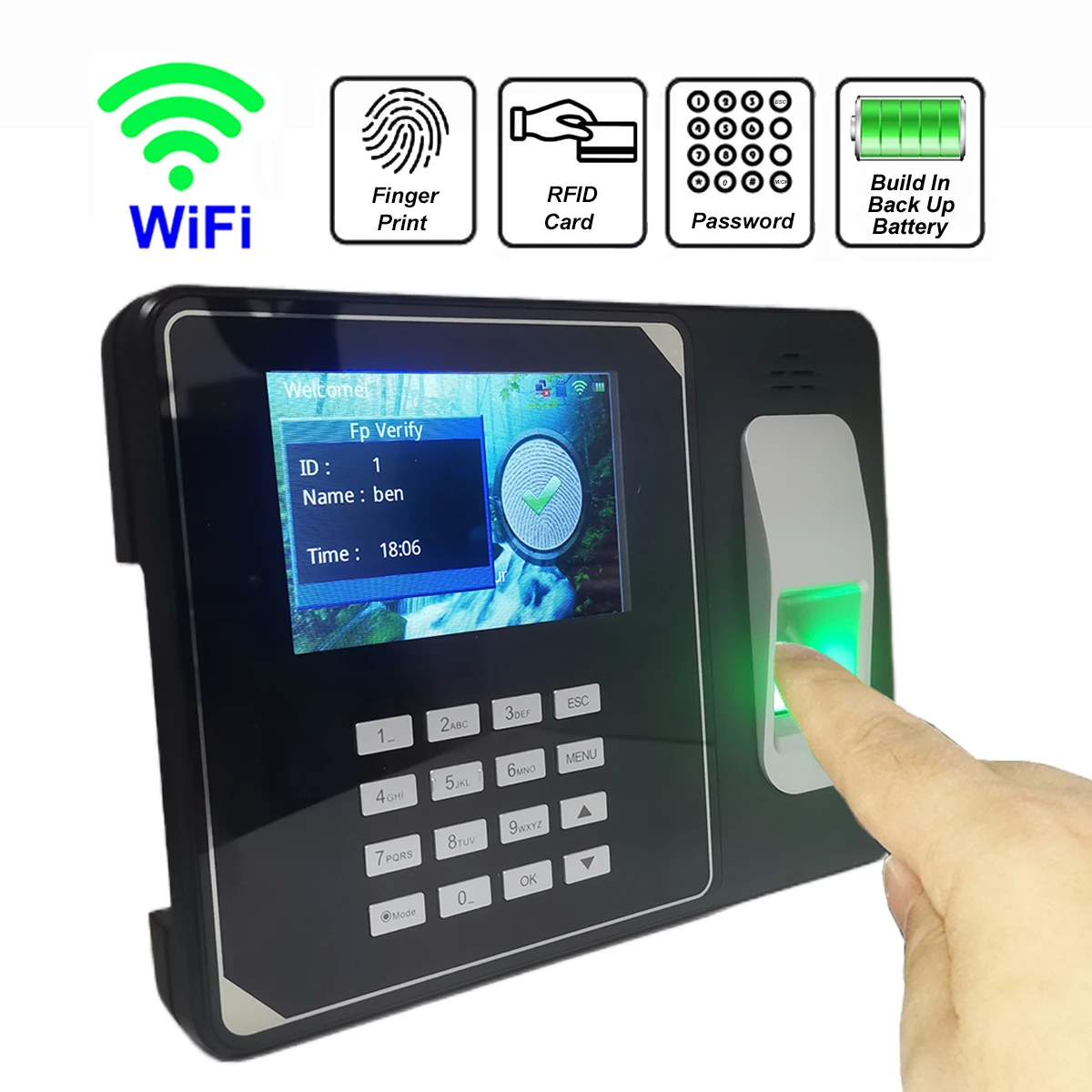 WiFi 4000 mAh Battery Biometric Fingerprint Time Clock Recorder Attendance Employee Electronic Finger and Card Time Attendance