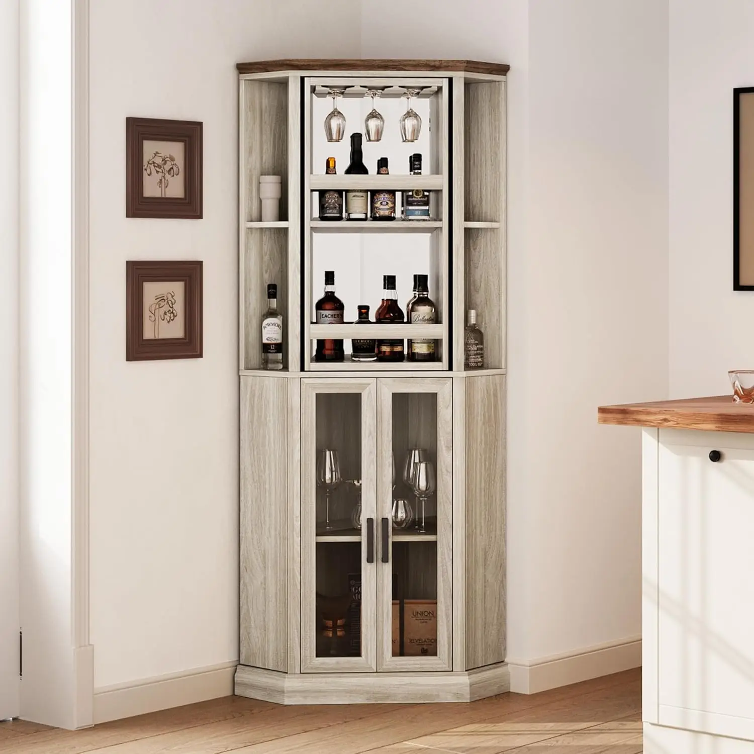 

Linsy Home Corner Bar Cabinet, 68.5"" Tall Farmhouse Wine Cabinet With Rotating Liquor Shelves, Home Bar Cabinet With Barn Door