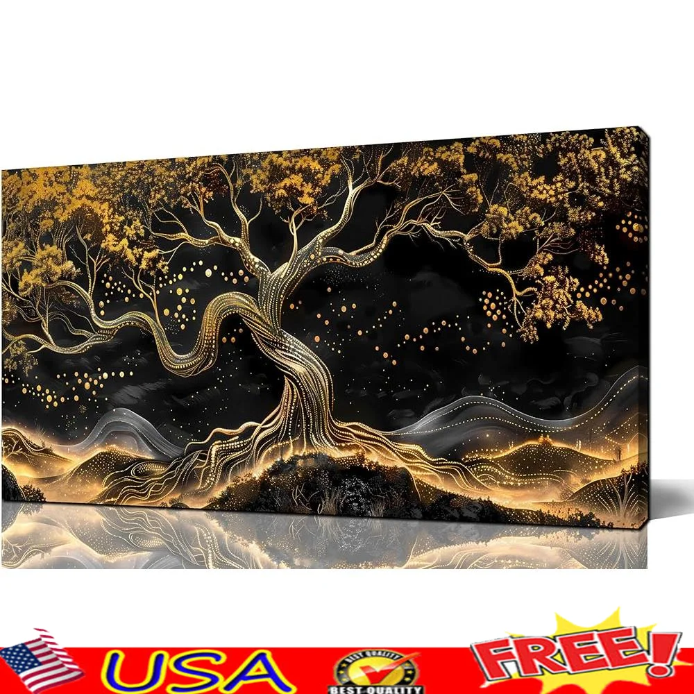 

Золотые деревья, холст, настенное искусство, черный декор, гостиная, спальня, офис, галерея, завернутый, легкий, готовый к повестке домашний декор