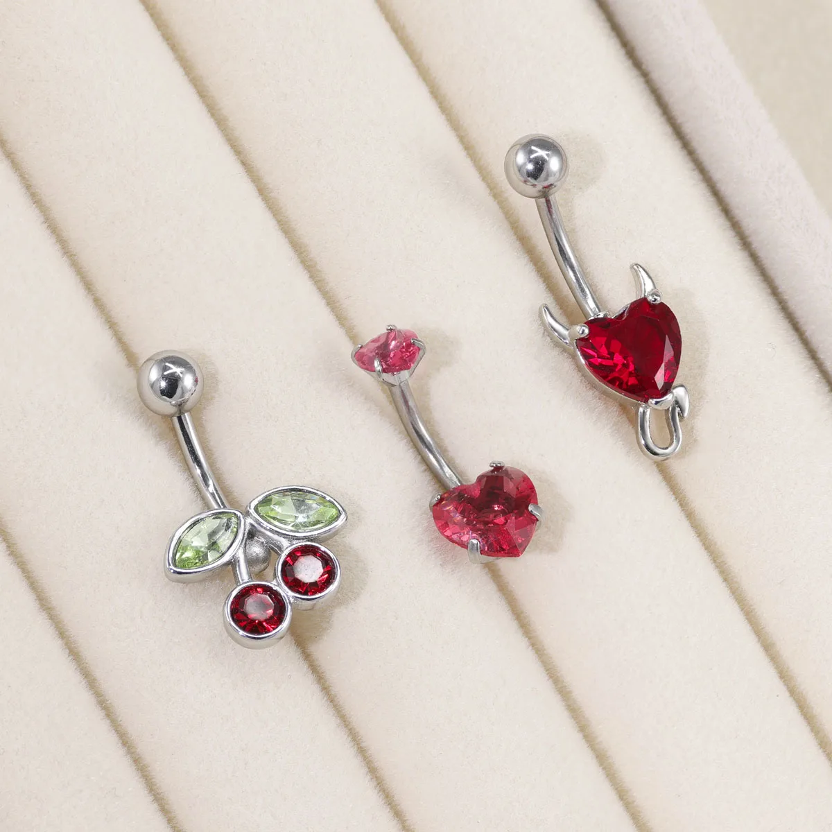3pcs/Set Stainless Steel Color Cubic Zirconia Navel Rings Round Butterfly Heart Cherry Shapes Fashion Body Piercing Jewelry