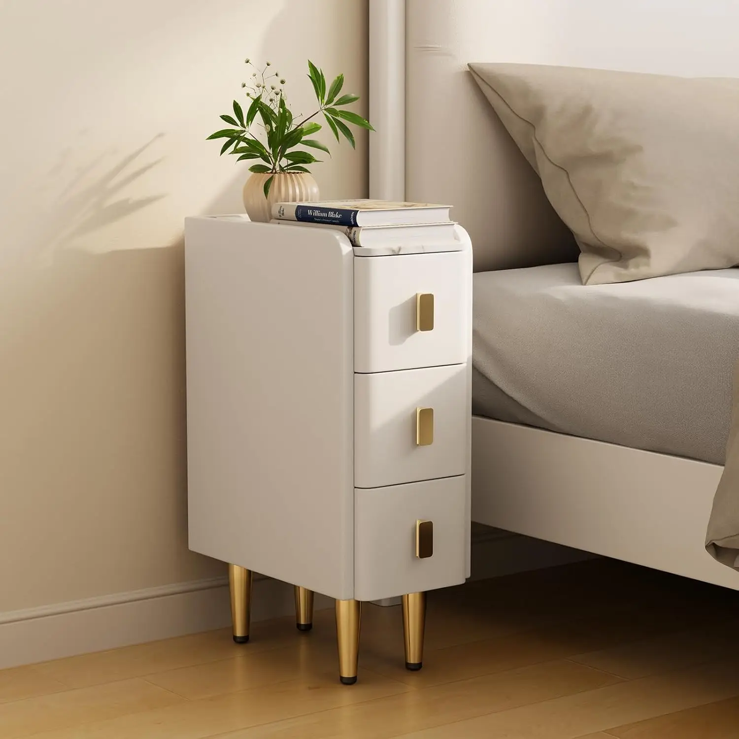 

Narrow Nightstand with Drawers, Narrow Side Table Leather, Small Bedside Tables for Bedroom. (White)