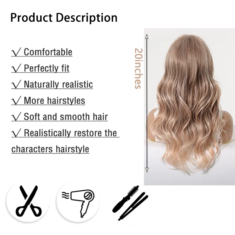 Ombre Rose Gold Long Wavy Wig Pre Plucked Natural Hairline 20" Air Bangs Glueless Heat Resistant Daily Party Wig For Black Women 2