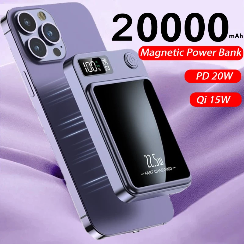 Bezprzewodowy magnetyczny powerbank 20000 mAh 22,5 W Szybkie ładowanie iPhone 16 15 14 13 2 Samsung Huawei Xiaomi Powerbank Pierścień magnetyczny