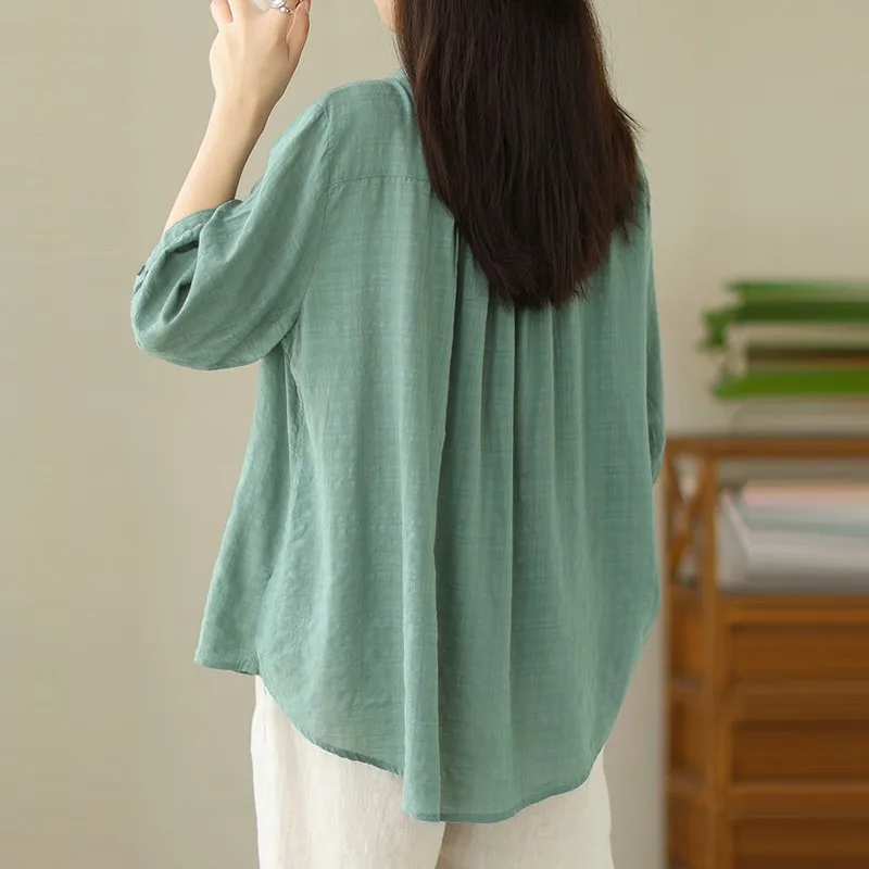 Women Casual Cotton Shirt New Arrival 2024 Summer Simple Style Solid Color Basics Loose Female Half Sleeve Tops Shirts B3818