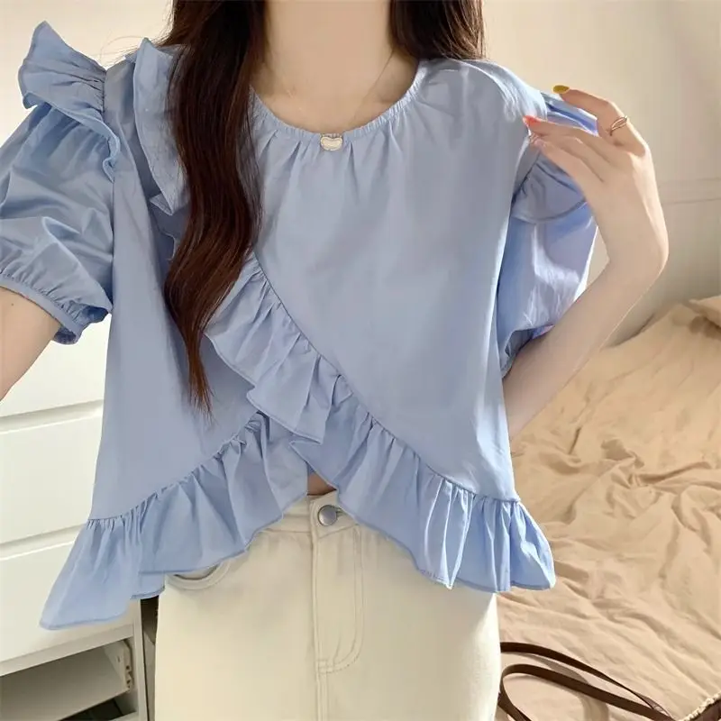 Lotus Leaf Edge Short Chiffon Shirt Women A Niche Design Summer Korean Version New Loose Slimming Top Trend