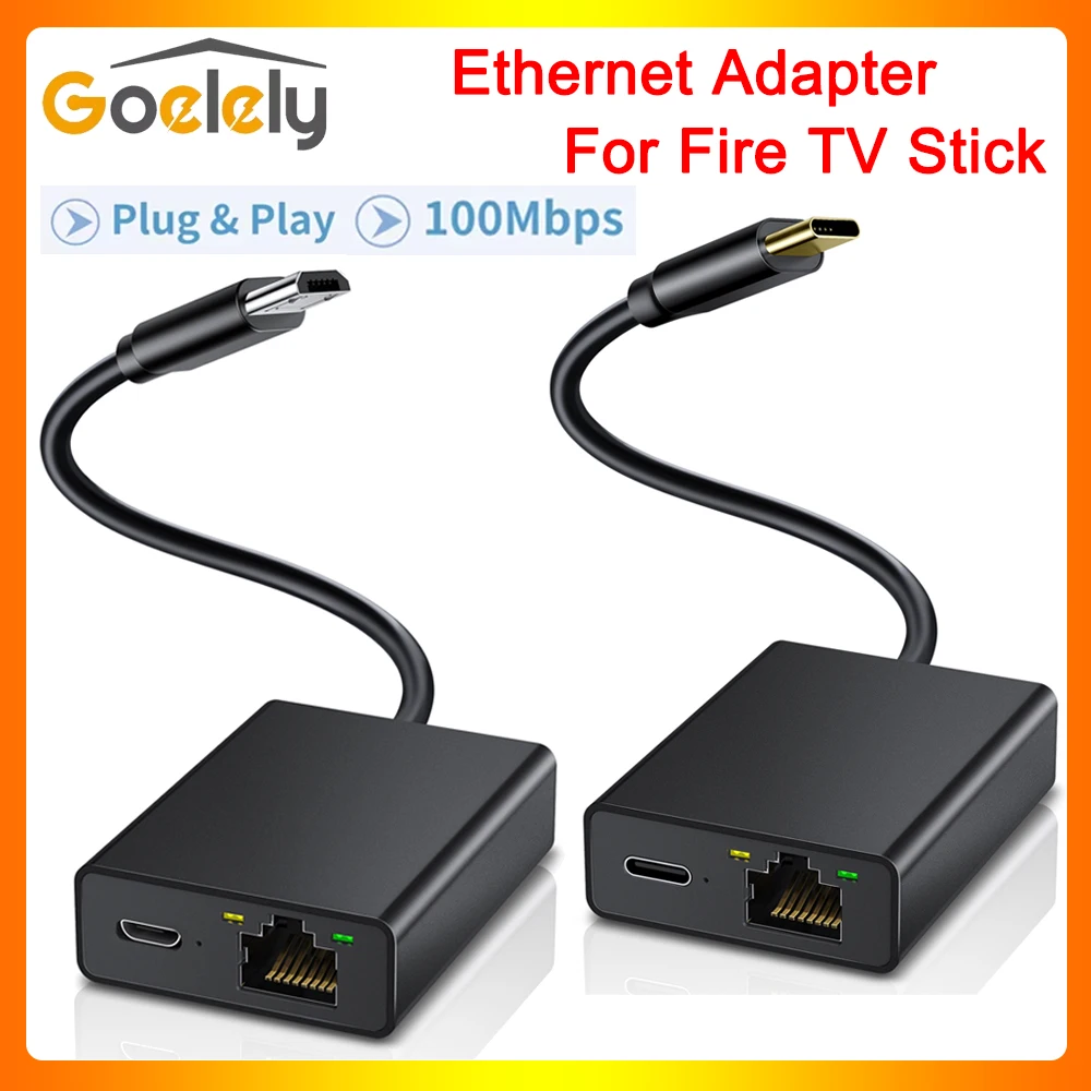 Goelely Placa de rede externa, adaptador Ethernet para Smart TVs, Micro Port, 4K, Fire TV Stick, Indicador LED, Plug and Play, RJ45, 100Mbps