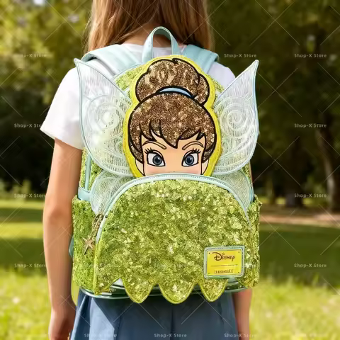Hot Disney Loungefly Tinker Bell Sequined Ladies Mini Backpack Anime Peripheral Children'S Satchel Cute Princess Backpack Gift