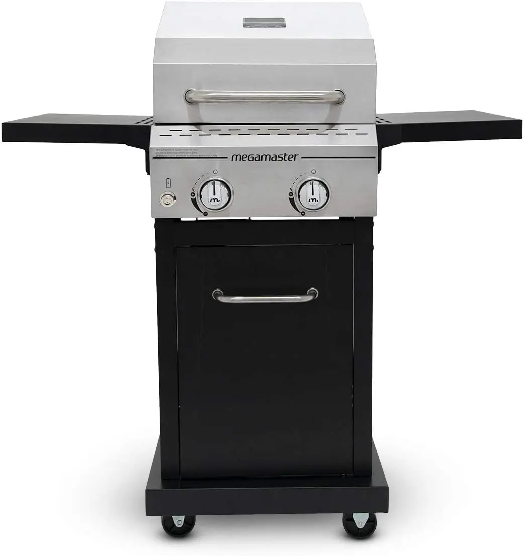 

Megamaster 2-Burner Propane Barbecue Gas Grill with Foldable Side Tables, Perfect for Camping, Outdoor Cooking, Patio