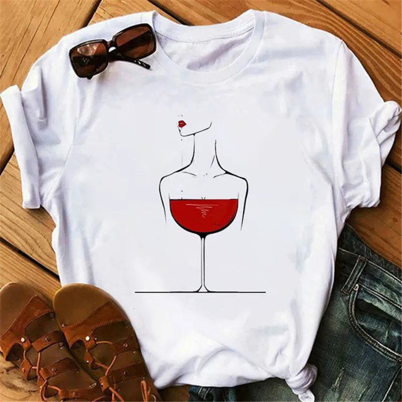 Neue Roségold-Weingläser-T-Shirts für Damen, kurzärmeliges T-Shirt, Weinglas, lustige T-Shirts, 90er-Jahre, Ulzzang, weiße Tops für Damen