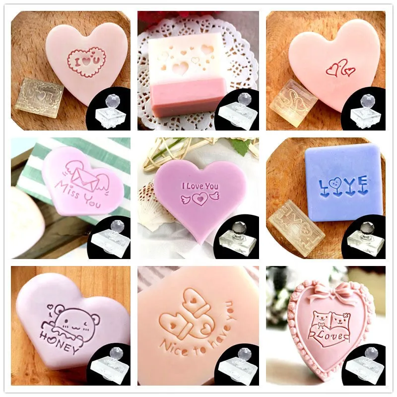 Heart Shape Handmade Soap Stamp Transparent Diy Natural Organic Glass Soap Making Chapter With Handle Acrylic Seal Love Gift