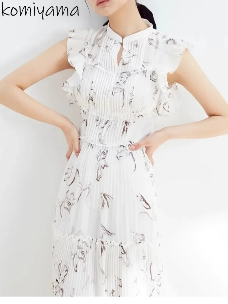 

Summer Flying Sleeve Dresses Sweet Ruffles Print Pleated Vestidos Women 2024 Dress Elegant A-line Vestido Japan Tunic Robes
