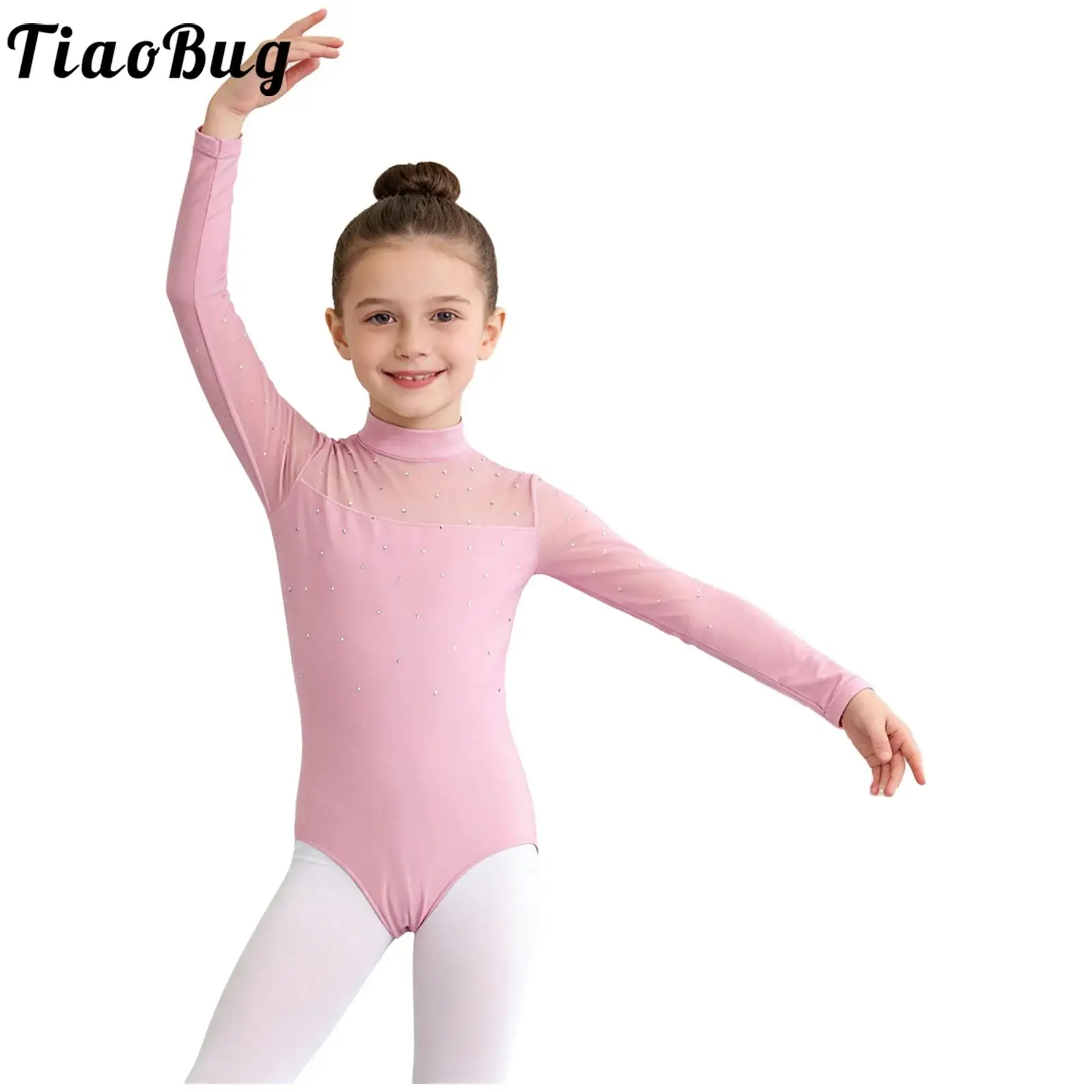 

Kids Girls Rhinestones Gymnastics Leotards Figure Skating Mesh Patchwork Long Sleeve Bodysuit Dance Competition Ballet Costumes