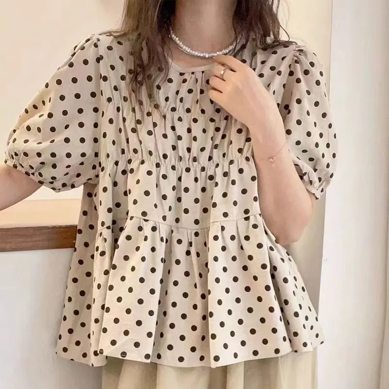 Sweet Korean Polka Dot Shirt Women\'s Clothing Loose Short Sleeve Summer Fashion Shirring Casual Spliced All-match O-Neck Blouse