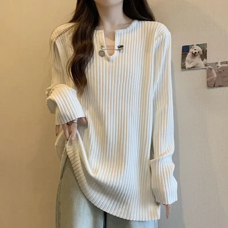 Versatile Design Sensibility Ribbed Long Sleeve T-shirt For Women Autumn/winter Medium-length Top