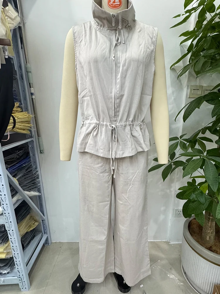 

HH Women Fashion Versatile Turtleneck Zipper Loose Sleeveless Lace Up Top Waistcoat+Causal Drawstring Wide Leg Pants Suit