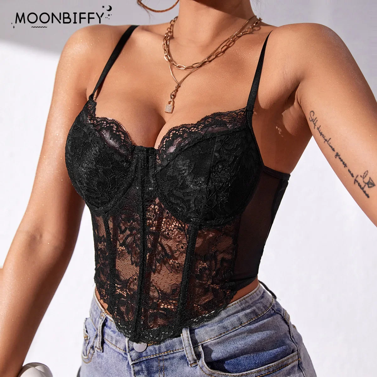 2023 Fashion Women Lace Crop Cami Tops Sleeveless Spaghetti Strap Solid Color Corset Camisole Sexy Lace Steel Ring Corset Mujer