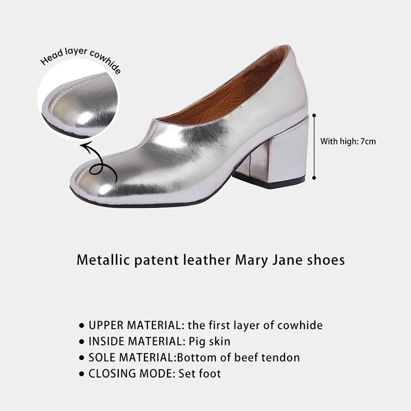 Ods Women\'s Loafers Genuine Leather Luxury Shoes Sss Grade Silver Heels Gold Pumps Square Toe Elegant Mary Janes Shoes For Women