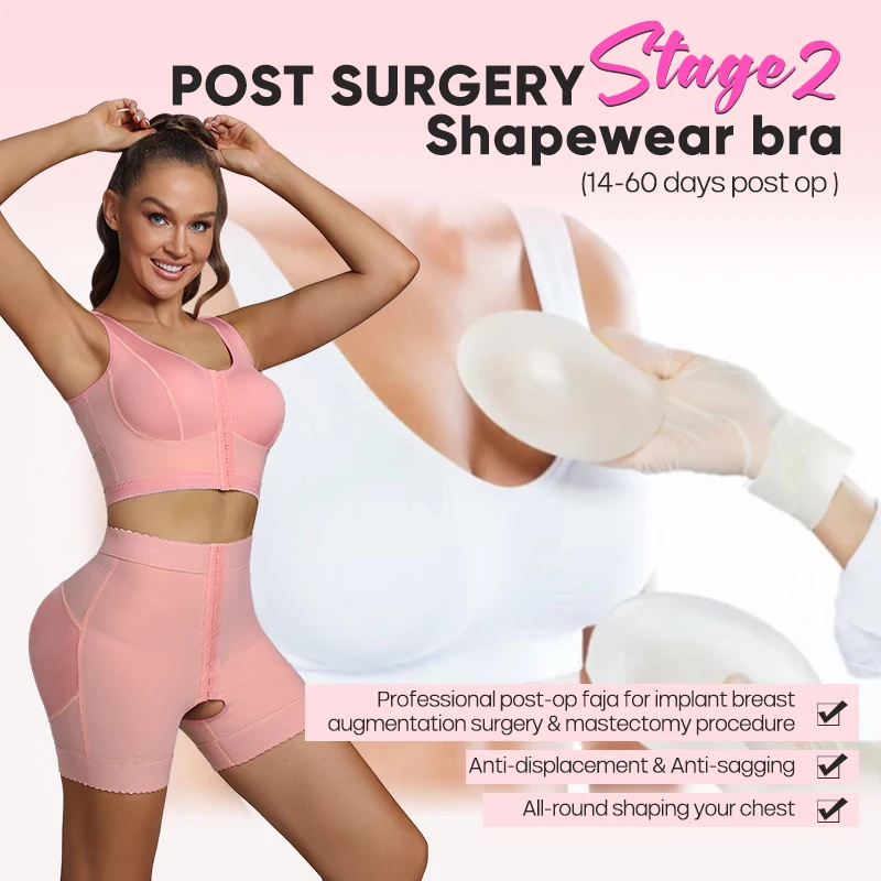 2pcs Women Pink Firm Shapewear Set Post Surgery Stage 2 Faja Shaper Bra Tops And Butt Lifter Open Crotch Shaper Shorts